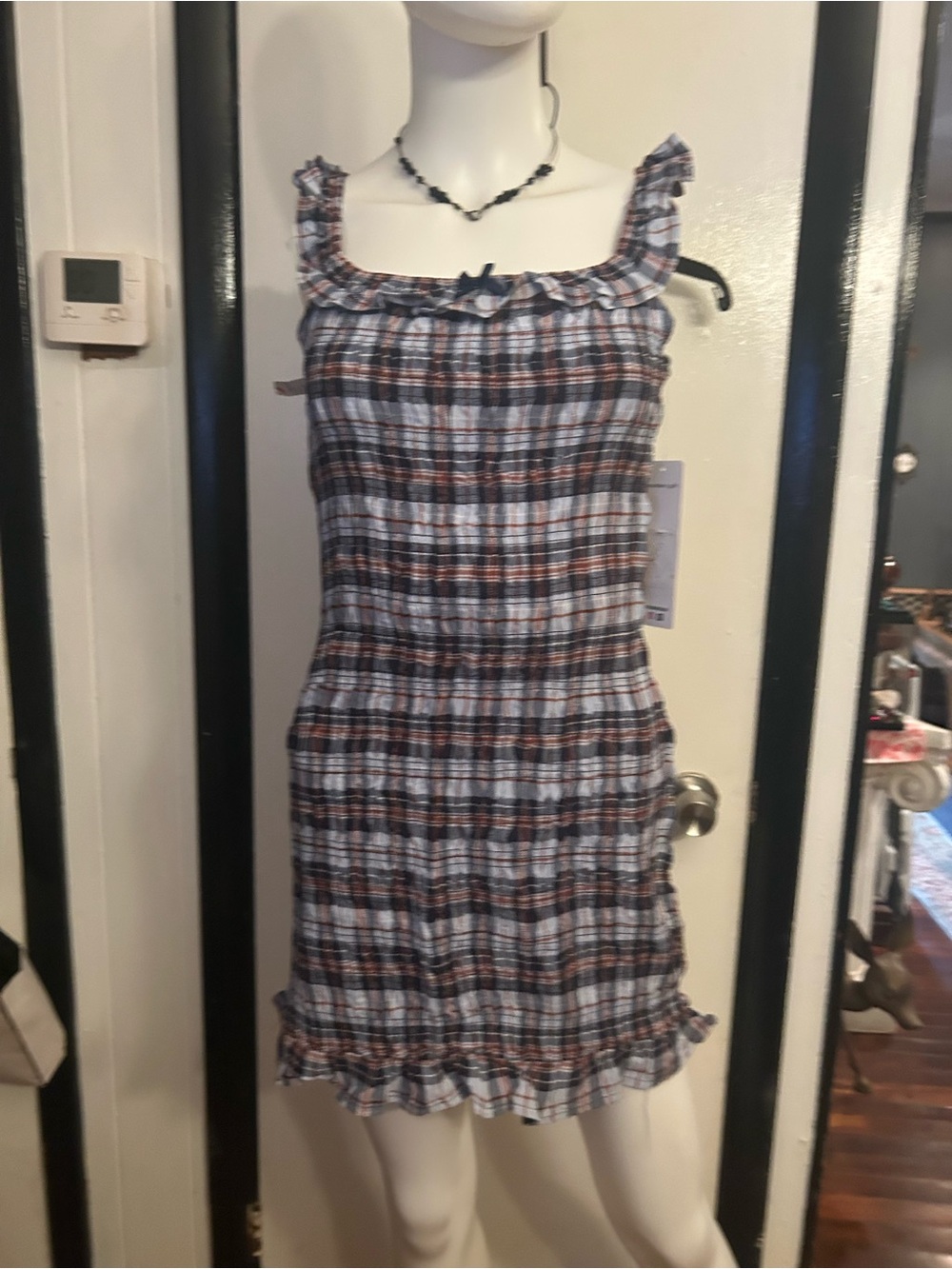 Smocked Plaid Mini Dress - Black, White & Brown